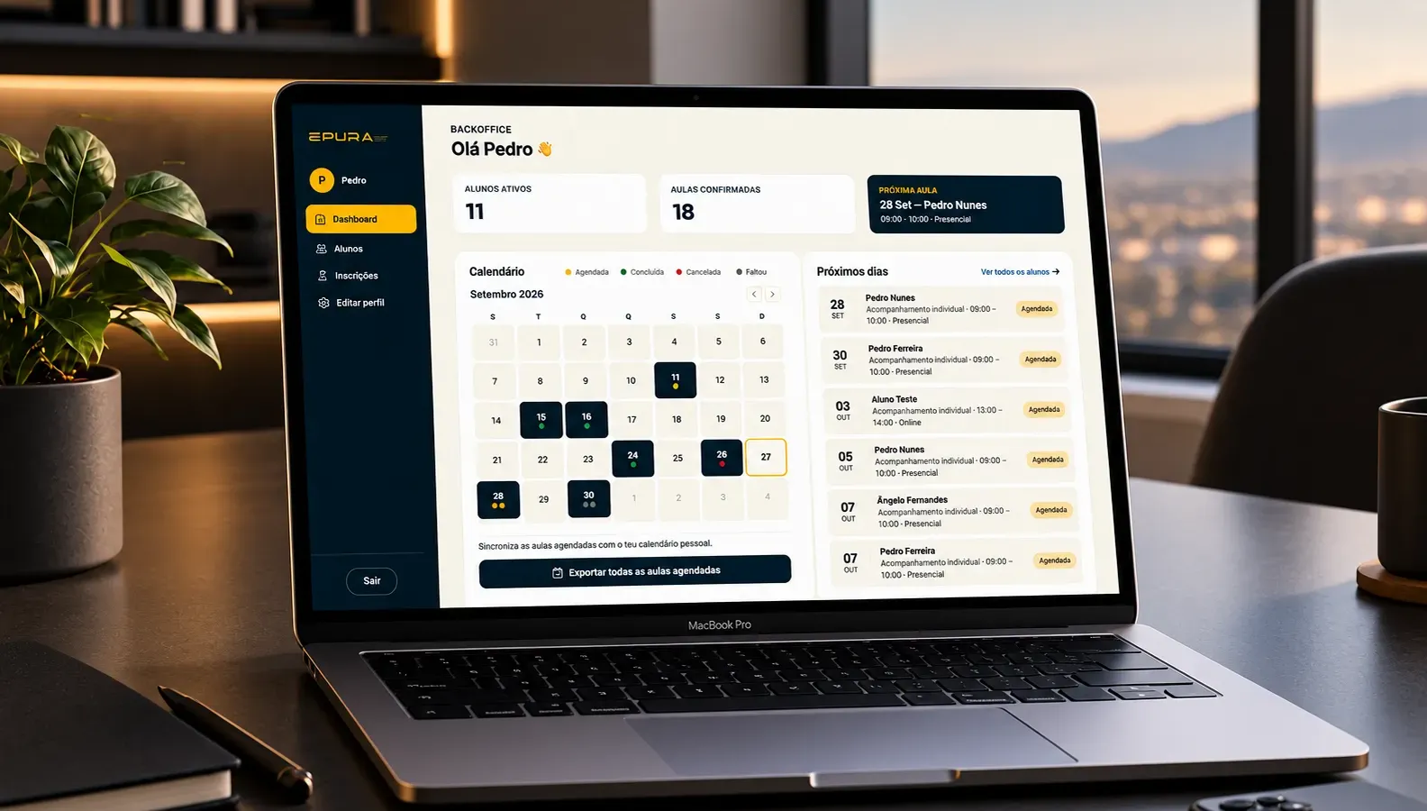 Painel de calendário da plataforma Épura com aulas de explicações marcadas por dia