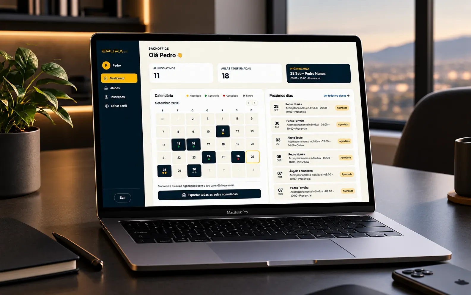 Painel de calendário da plataforma Épura com aulas de explicações marcadas por dia